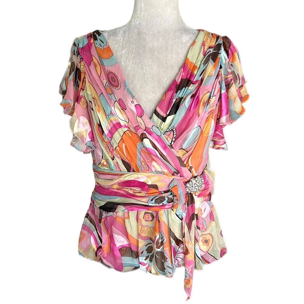 Victor Costa Vintage Silk Pink Yellow Floral Faux Wrap Rhinestone Peplum Top  10